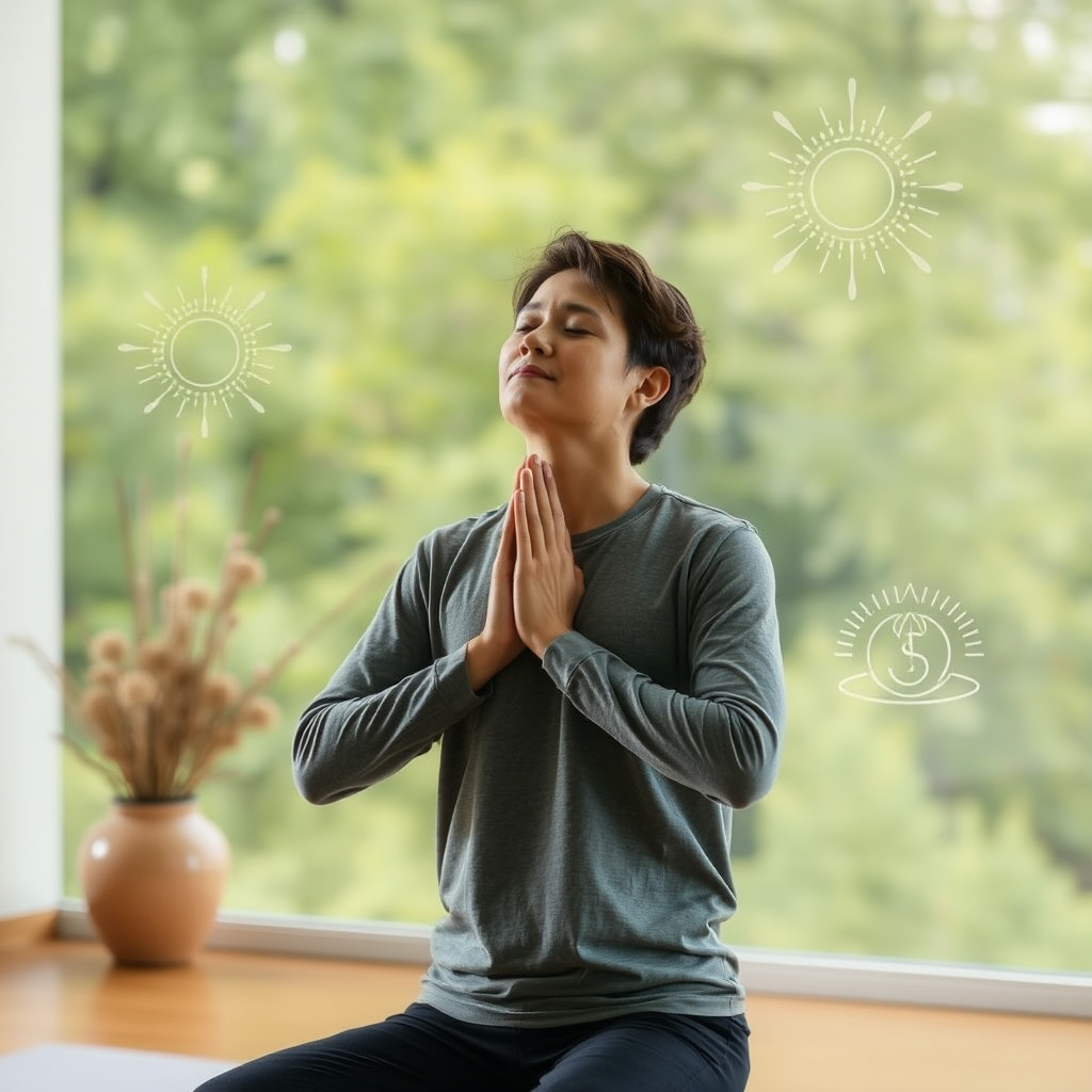 Une personne pratiquant des exercices de respiration dans un environnement calme et serein, avec des éléments visuels représentant la pleine conscience et la relaxation