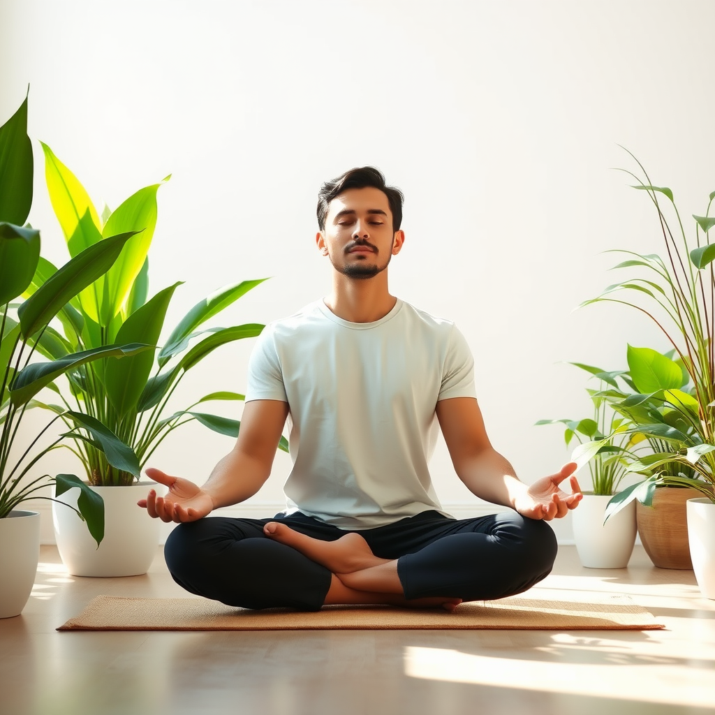 Une personne assise en position de méditation dans un environnement calme et serein, entourée de plantes vertes et de lumière naturelle douce, illustrant la paix intérieure et la gestion de l'anxiété