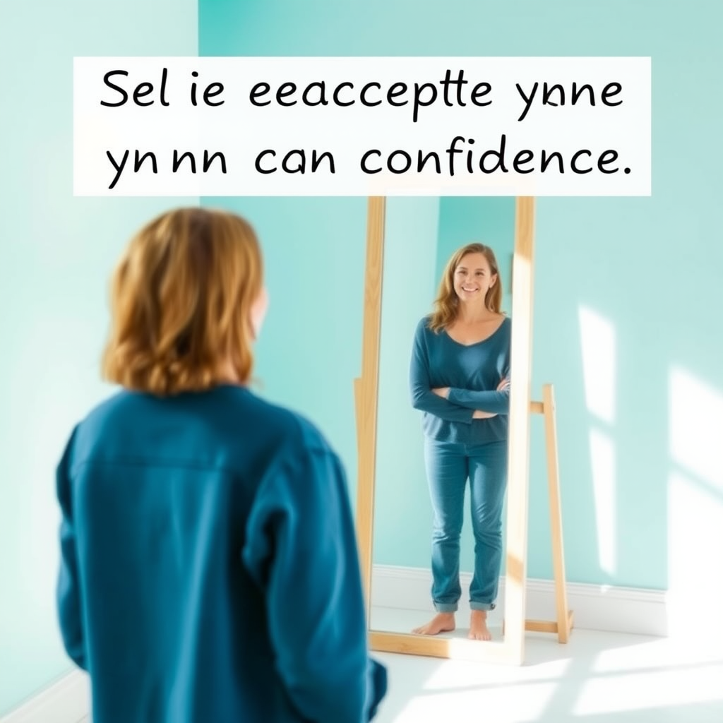 Une personne debout face à un miroir, regardant son reflet avec un sourire confiant, dans une pièce lumineuse aux tons bleus et verts apaisants, symbolisant l'acceptation de soi et le développement de la confiance personnelle