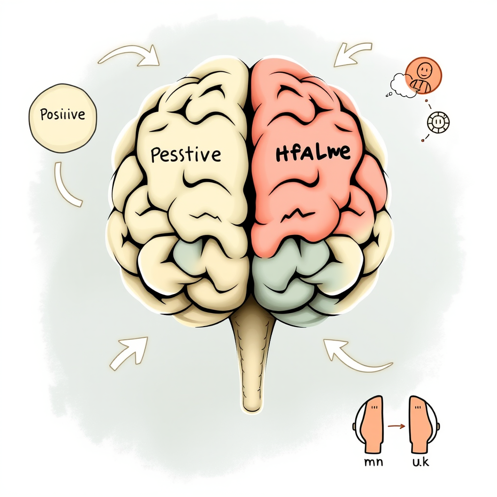 Illustration conceptuelle de la thérapie cognitive comportementale montrant un cerveau avec des pensées positives et négatives, des flèches de transformation et des symboles de changement mental