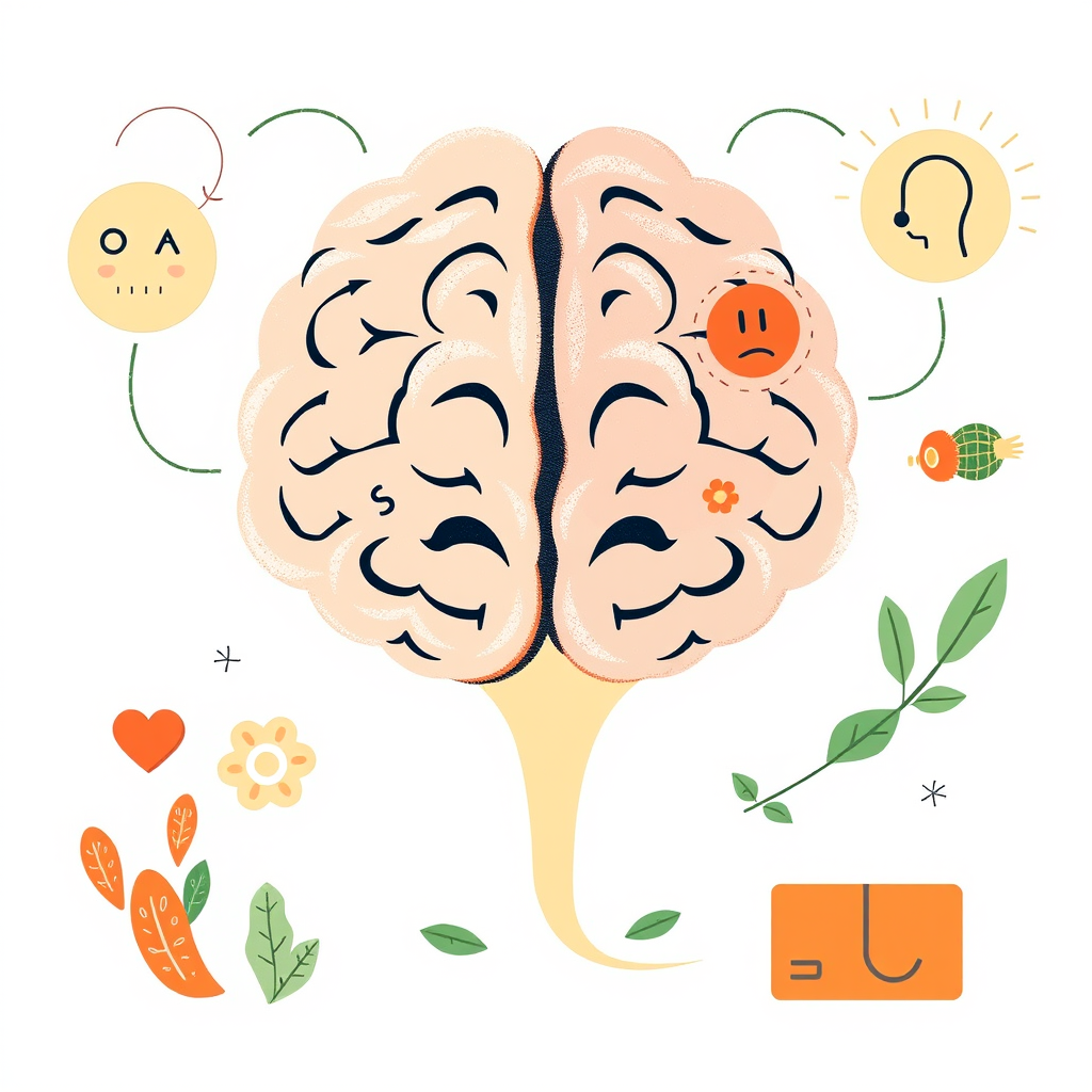 Illustration représentant la thérapie cognitive comportementale avec des symboles de transformation des pensées négatives en positives, cerveau stylisé et éléments thérapeutiques