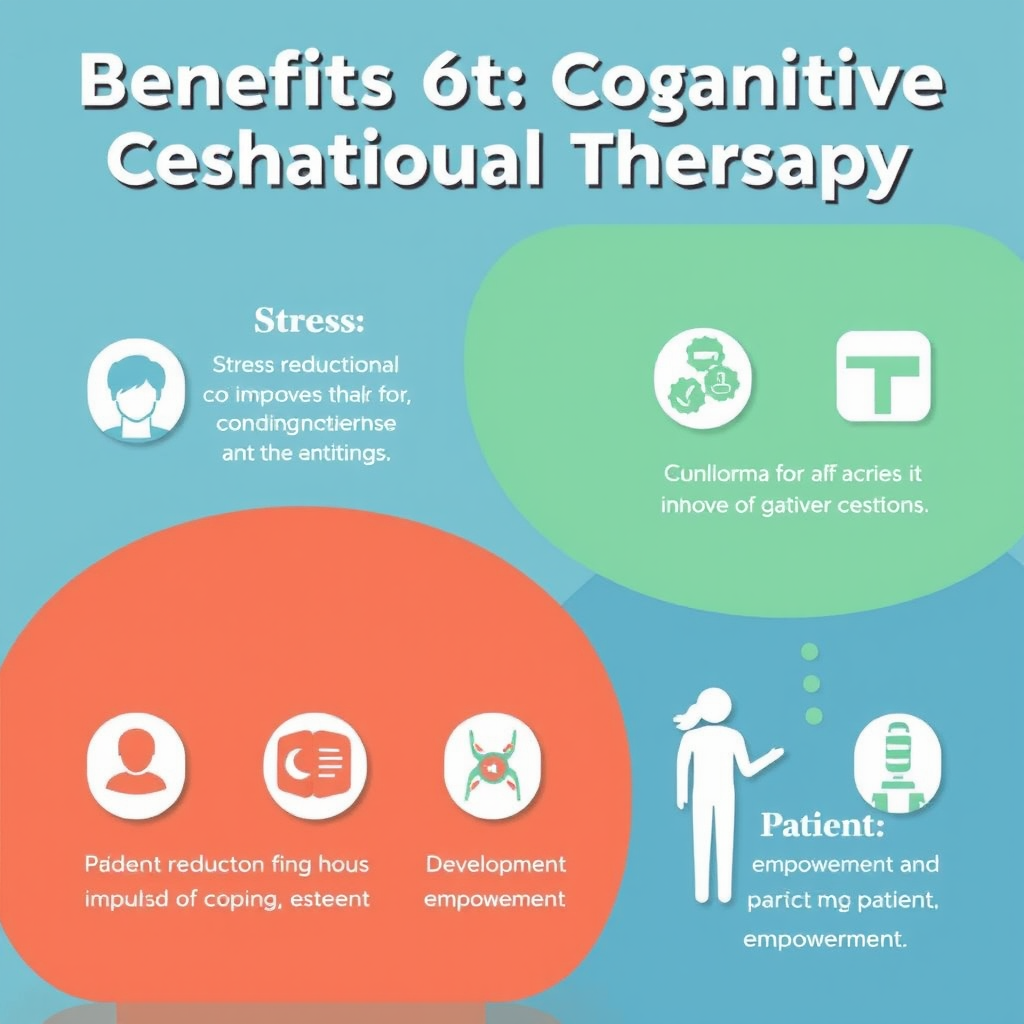 Infographie colorée montrant les différents bienfaits de la thérapie cognitive comportementale avec des icônes représentant la réduction du stress, l'amélioration de l'estime de soi, le développement de stratégies d'adaptation et l'autonomisation du patient