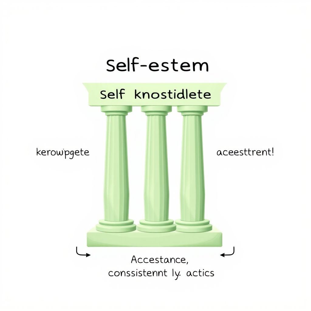 Diagramme illustrant les trois piliers de l'estime de soi : connaissance de soi, acceptation et cohérence des actions, représentés par des colonnes vertes pastels interconnectées
