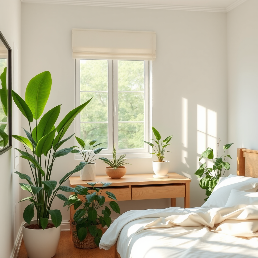 Chambre à coucher sereine avec éclairage tamisé, plantes vertes et environnement apaisant propice au sommeil réparateur