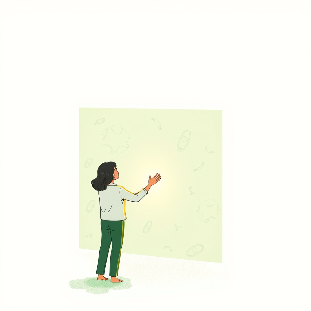 Illustration conceptuelle montrant une personne établissant des limites personnelles représentées par une barrière lumineuse et bienveillante, dans un style apaisant avec des tons verts pastel