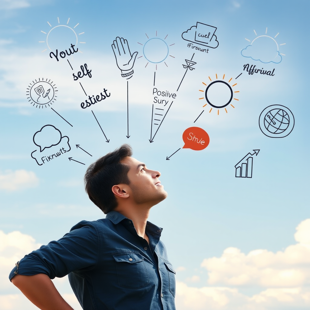 Une personne confiante regardant vers l'horizon avec des symboles d'estime de soi, d'affirmations positives et de croissance personnelle dans un environnement inspirant