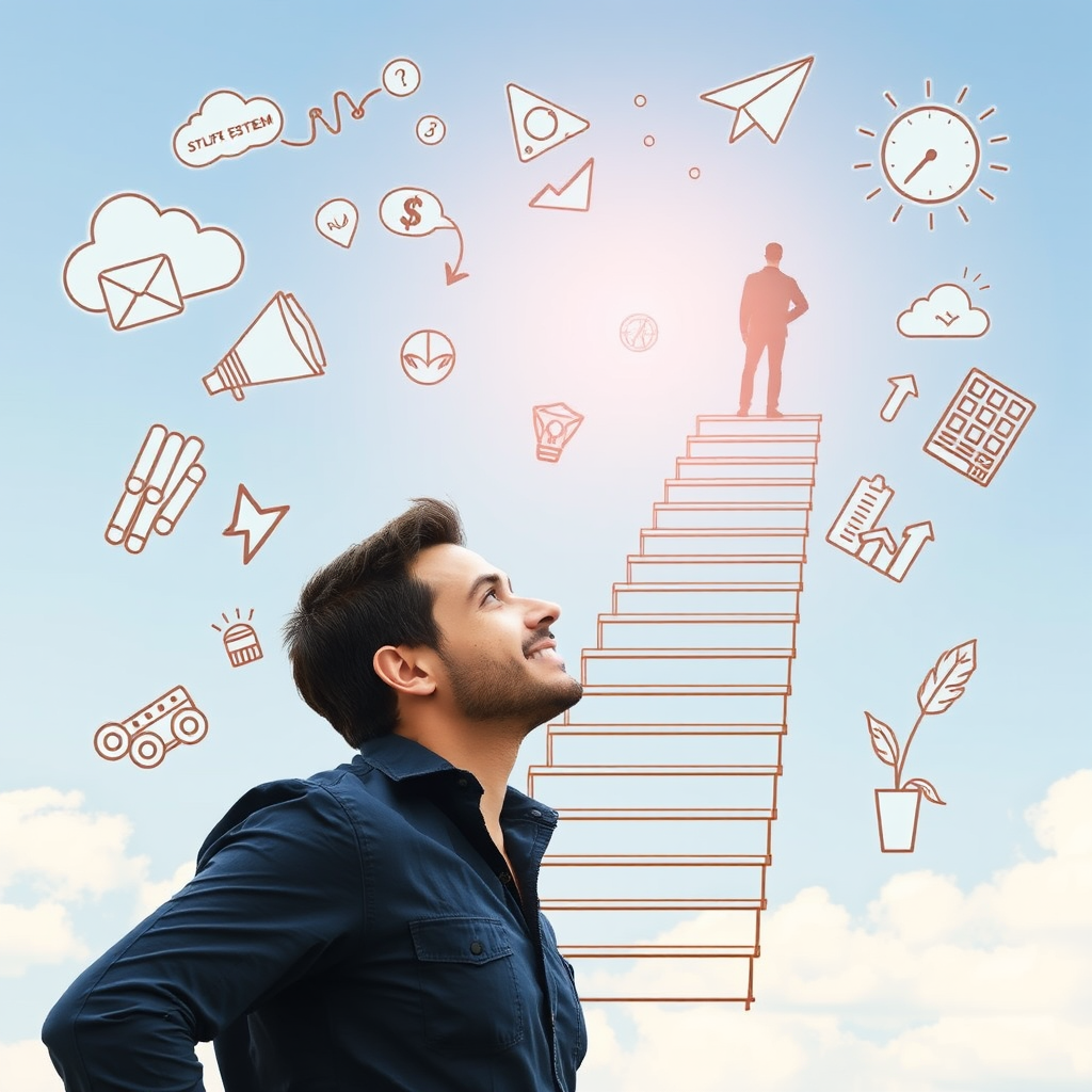 Personne confiante regardant vers l'avenir avec des symboles de croissance personnelle, escalier vers le succès et éléments représentant l'estime de soi