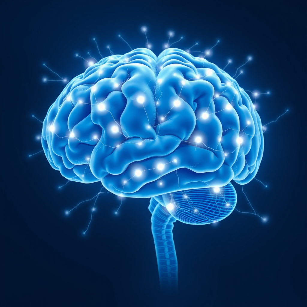 Représentation visuelle du cerveau avec des connexions neuronales lumineuses, symbolisant la restructuration des pensées et la neuroplasticité, dans des tons bleus apaisants