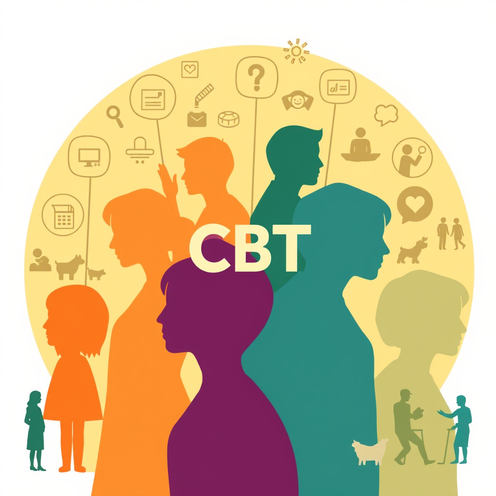 Illustration montrant la diversité des applications de la TCC avec des silhouettes de personnes de différents âges et profils, entourées d'icônes représentant différents troubles et situations thérapeutiques dans un environnement bienveillant