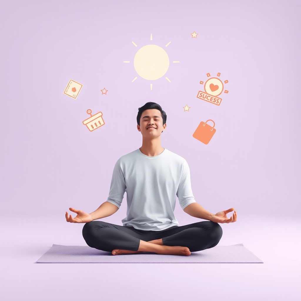 Une personne assise en méditation dans un environnement serein aux couleurs lavande, pratiquant la visualisation positive avec des symboles de réussite flottant autour d'elle