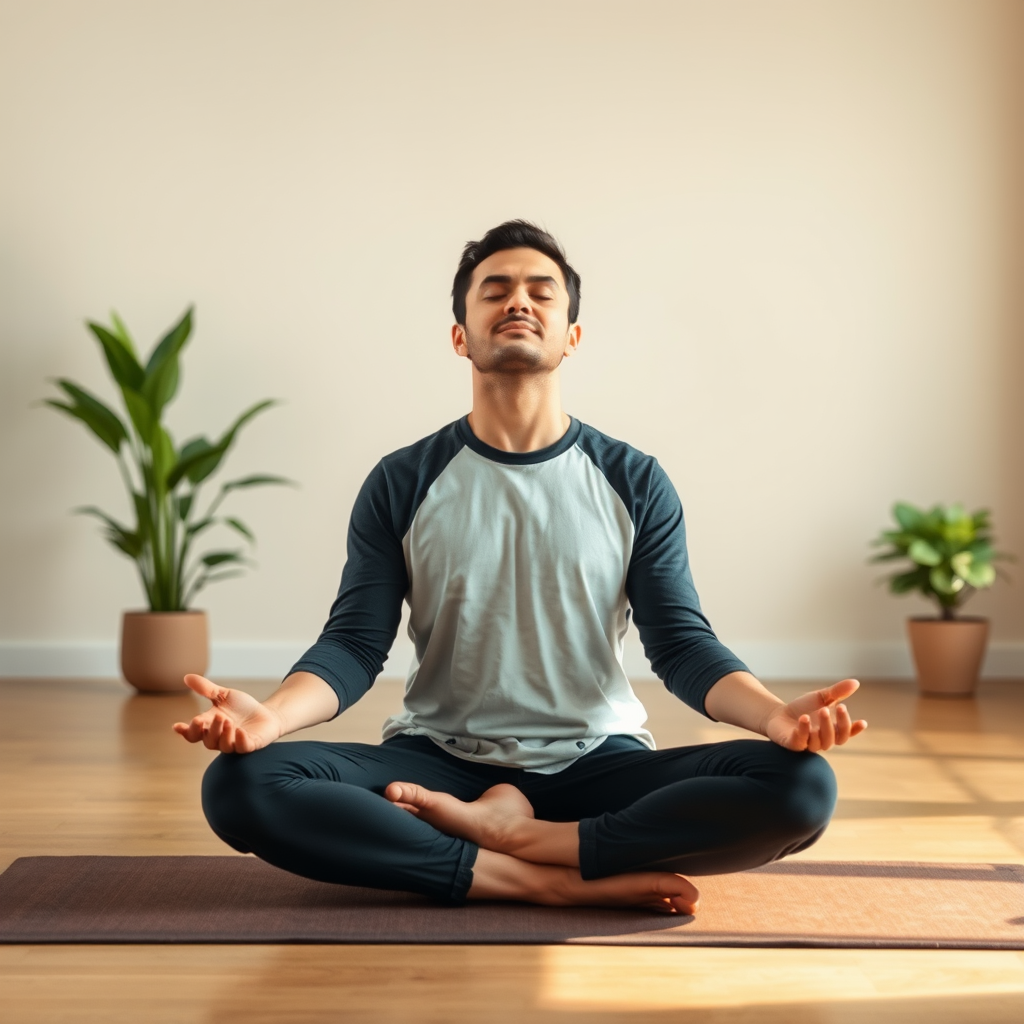Personne assise en position de méditation pratiquant des exercices de respiration profonde dans une chambre aux tons apaisants
