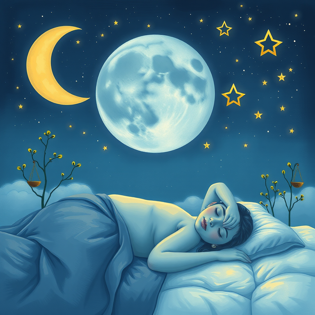 Scène paisible de sommeil réparateur avec lune, étoiles et symboles représentant l'équilibre psychologique et la santé mentale liée au repos