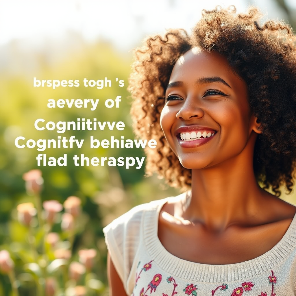 Image inspirante montrant une personne souriante et confiante dans un environnement naturel lumineux, symbolisant la transformation positive et l'épanouissement personnel grâce à la thérapie cognitive comportementale, avec des éléments visuels évoquant la croissance et le renouveau