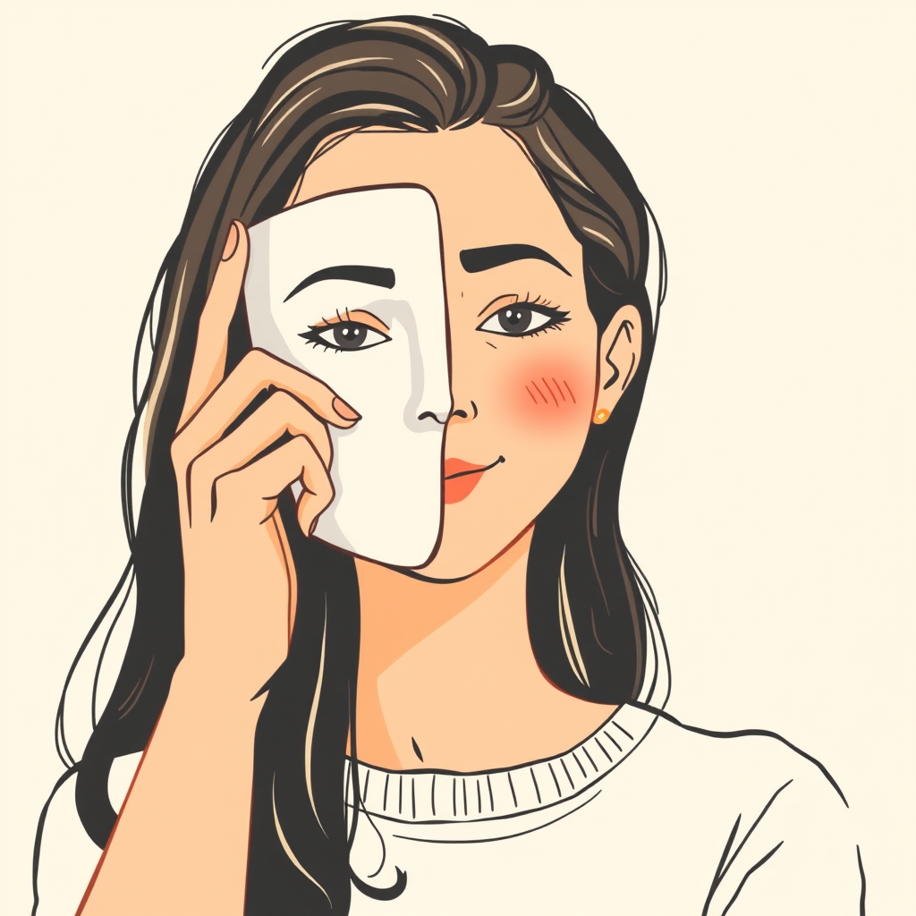 Illustration métaphorique montrant une personne enlevant un masque pour révéler son vrai visage confiant, dans des tons crème chaleureux, symbolisant la libération du syndrome de l'imposteur