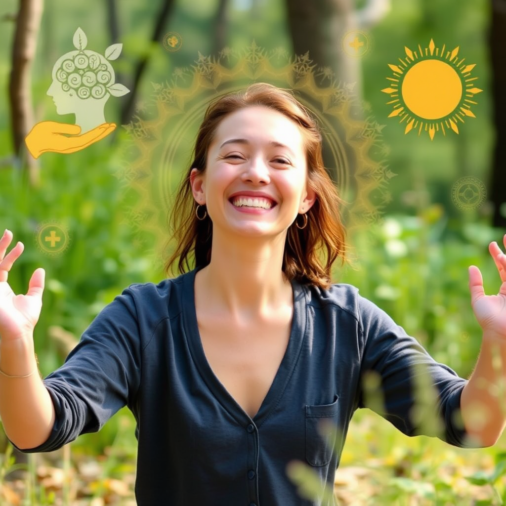 Une personne souriante et détendue dans un environnement naturel, pratiquant des exercices de bien-être, entourée d'éléments symbolisant la paix intérieure et l'équilibre mental